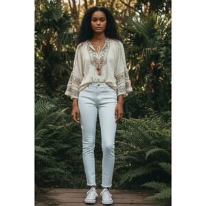 We The Free Free People OB984016 White High Rise Skinny Jeans Raw Hem Size 28